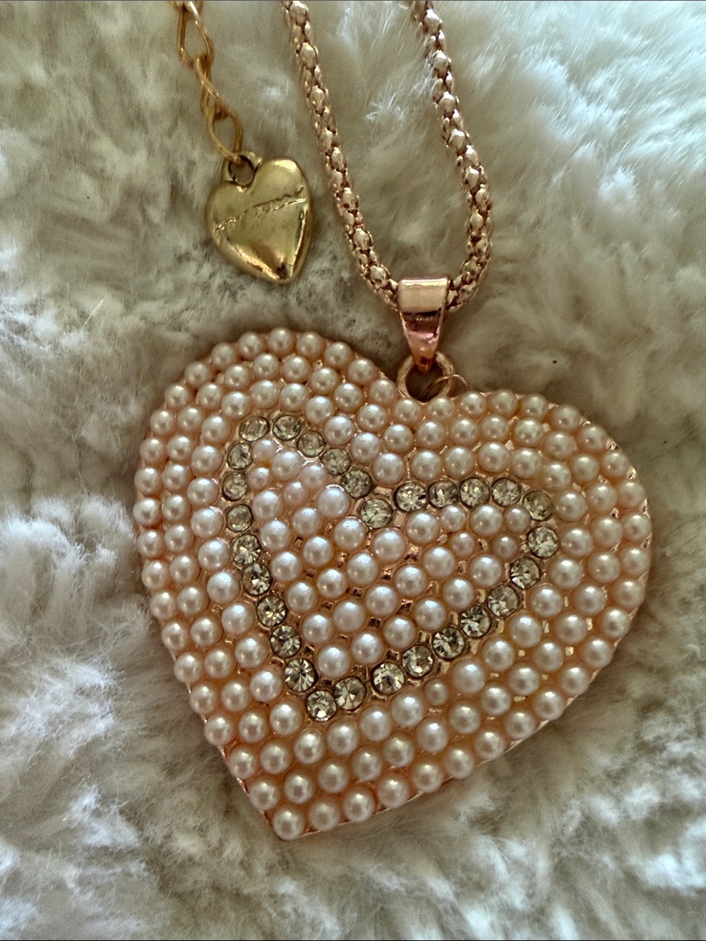 Large Betsy Johnson Pearl and Crystal Heart Pendant Necklace - Pink Gold Tone